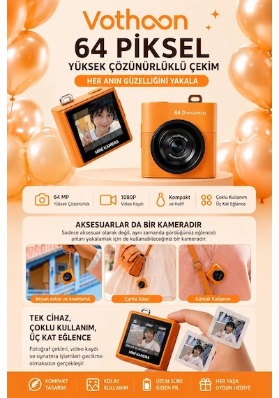 Mini Dijital Kamera 64mp 16x Digital Zoom Retro Vintage 1.4 Ekranlı Video Kamera Taşınabilir Tasarım Turuncu