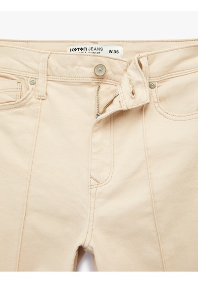 Koton Nervürlü Cepli Düğmeli İspanyol Paça Denim Pantolon - Flare Jeans Bej 6sal40080mw Ekru