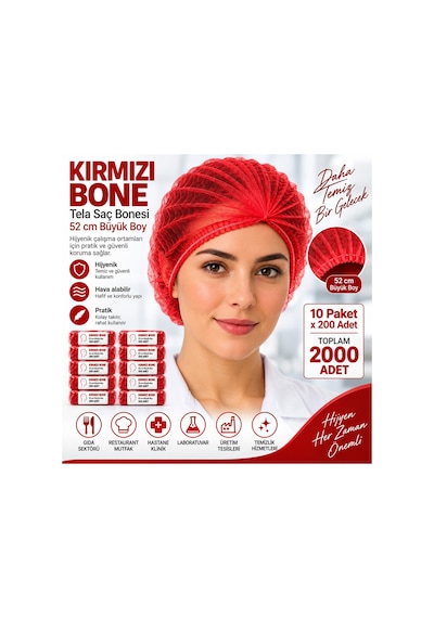 Saç Bonesi Kırmızı Tela 52 Cm Büyük Boy Çift Lastikli 10 Paket X 200 Adet Toplam 2000 Adet