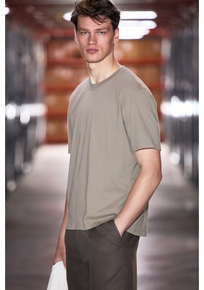 Grımelange Jett Erkek Oversize Fit %100 Organik Pamuk Kalın Dokulu Bisiklet Yakalı Koyu Haki T-shirt