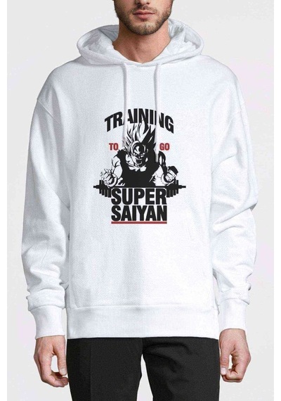 Anime Dragon Ball Training Baskılı Beyaz Erkek Kapşonlu Sweat