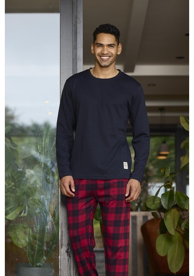 Kly 6028 Erkek Sıfır Yaka Ekoseli Uzun Kollu Pijama Takım Kahverengi