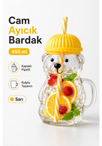 Sihirli Cam Ayıcık Bardak 450 Ml Kapaklı Pipetli Cam Kupa Ayı Figürlü İçecek Bardağı Sarı