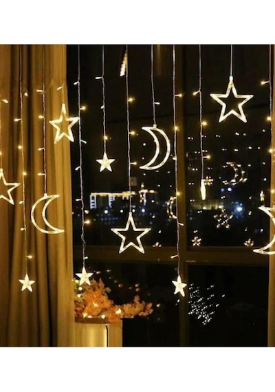 Sarı 3 Metre Ay Yıldız Led Perde Led Sarkıt Led Perde Dekoratif Led Ay Led Çok Renkli