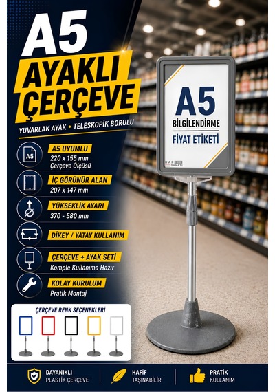 A5 Ayaklı Menü Ve Fiyat Bilgi Standı Yuvarlak Tabanlı Teleskopik Çerçeve Etiketlik Gri