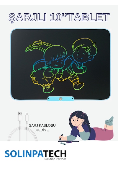Solinpatech 10'' Şarj Edilebilir Dijital Yazı Çizim Tableti Mavi (Dijital Kalemli ve USB Kablolu)