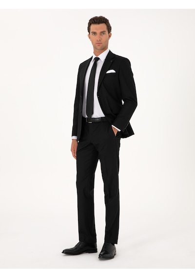 Cacharel Siyah Slim Fit Mikro Desenli Mono Yaka Yün Karışımlı Takım Elbise