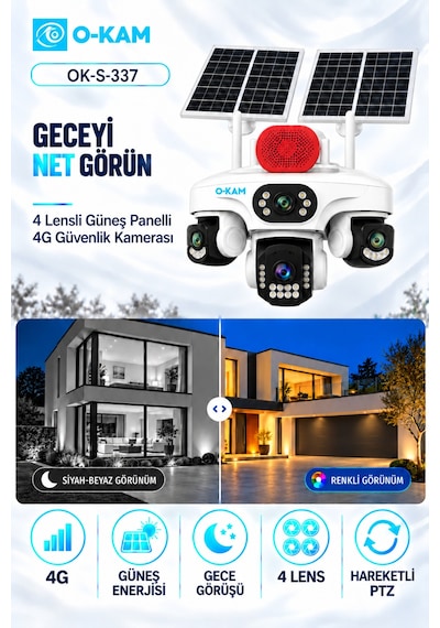 O-kam Ok-s-337 Prm. 4g 4 Lensli Solar Sirenli Aov Kamera