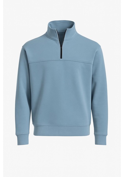Classics Men Unisex Relax Fit Rahat Kesim Pamuklu Yarım Fermuarlı Dik Yaka Sweatshirt Mavi Mavi
