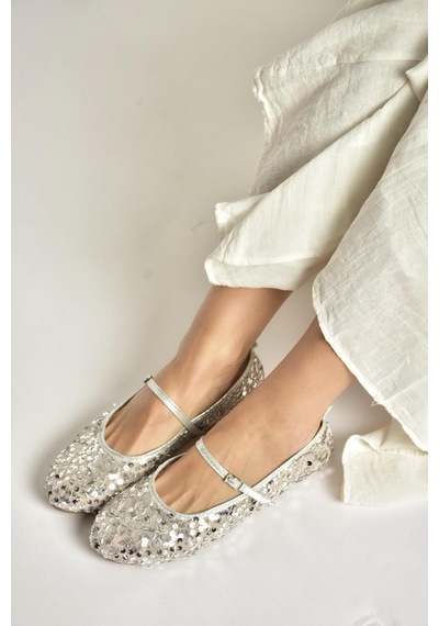 Fox Shoes Y250322040 Gümüş Kumaş Pullu Kadın Babet Gümüş