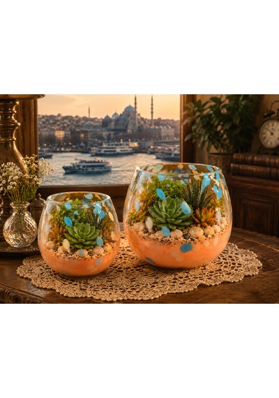 2 Li Üfleme Cam Teraryum Saksı Seti Turuncu Mavi Benekli Dekoratif Cam Kase Vazo 15x13 Cm Ve 18x17 Cm