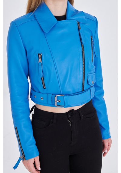 M M Marki Marki Kadın Mavi Hakiki Deri Crop Ceket Biker Stil, Kruvaze Yaka, Kemerli, 52 Cm - 117622