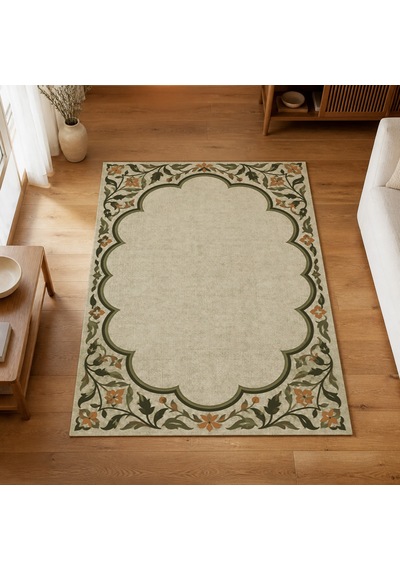Kartela Halı Bulut Çerçeveli Klasik Halı Zeytin Kaymaz Taban Makinede Yıkanabilir 100x150 Cm