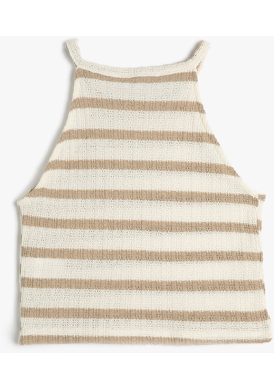 Koton Crop Halter Yaka Üst Kroşe Slim Fit Bej Çizgili 4sal30018ık Ekru
