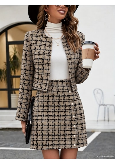 Bhrwear Kadın Uzun Kollu Önü Açık Dokuma Ceket Ve Mini Etek Ikili Takım Renkli