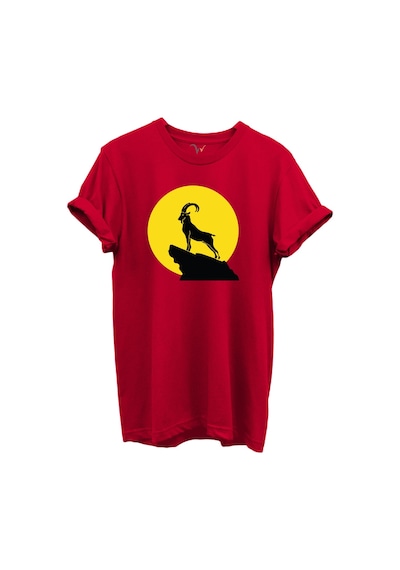 Dağ Keçisi Siluet Baskılı %100 Pamuk Regular Fit Bisiklet Yaka Unisex T-shirt Kırmızı