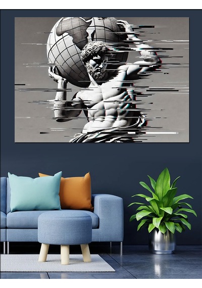 Glitch Efektli Atlas Heykeli Dekoratif Kanvas - Mdf Ahşap Tablo