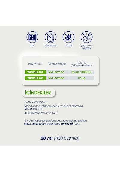Dr. Ümit Aktaş Vitamin D3 & K2 Damla 20 ML