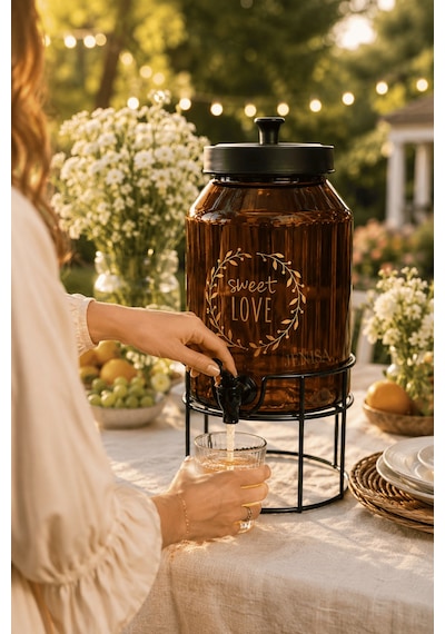 4 Litre Amber Cam Sebil Standlı Dispenser Musluklu İçecek Sunumluk Şerbetlik Kahverengi
