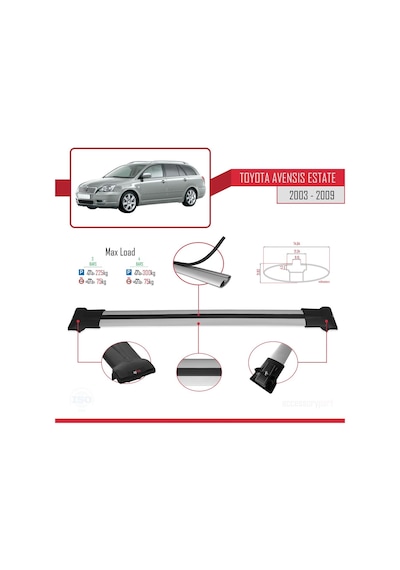 Toyota Avensis Sw 2003-2009 Arası İle Uyumlu Fly Model Ara Atkı Tavan Barı Gri 3 Adet Bar