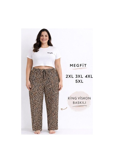 Viskon Pamuklu Kadın Büyük Beden Leopar Desenli Pijama Pantolon - Mgb005 - Mudanis Leopard Desenli