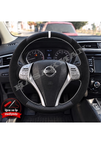 Nissan Qashqai Dikme Direksiyon Kılıfı Alcantara Süet Mat Karbon Beyaz Yüzük Ve Dikiş 2013-2017