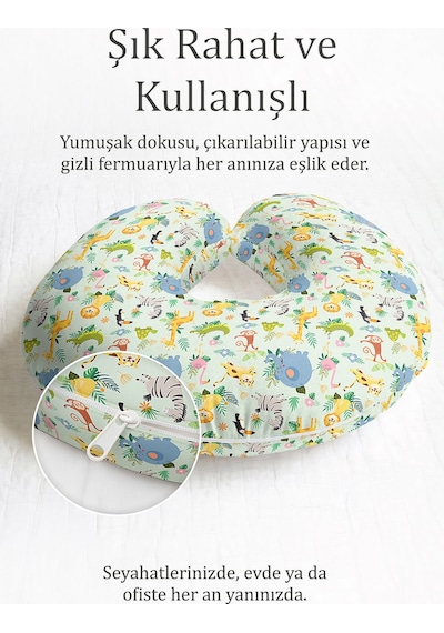 Sevimli Safari Hayvanları Pamuklu Boyun Yastığı - Renkli Çizimli Açık Yeşil Seyahat Yastığı Adaçayı Gül Kurusu