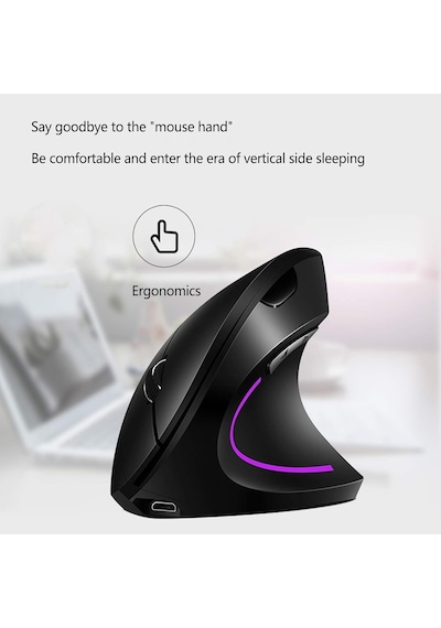 Ergonomik Dikey Kablosuz Mouse, 2.4 Ghz Usb Alıcı Ve Bluetooth Bağlantılı, Type-c Şarjlı, 6 Tuşlu, Ayarlanabilir Dpı, Windows Mac Linux Uyumlu 7043 Siyah