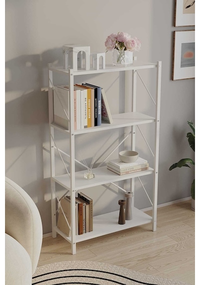 Dört Katli Çok Amaçli Rafli Kitaplik Beyaz Profil Beyaz Sunta 60x24x115 Cm Mtl021