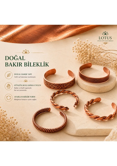 %100 Saf Doğal Bakır Bileklik Koleksiyonu Ayarlanabilir Özel Tasarım Minimal Bileklik Bakır Rengi