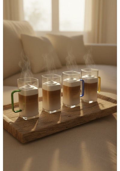 4 Kişilik Borosilikat Kare Renkli Saplı Cam Latte Takımı Isıya Dayanıklı 400 Ml Beyaz