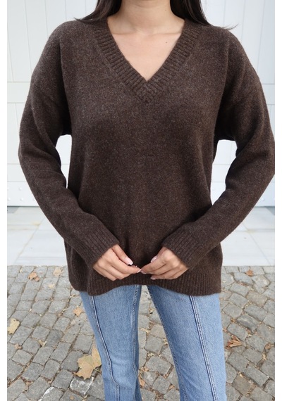 Kechi Woman V Yaka Oversize Triko Kazak Kahverengi