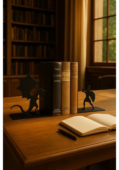 Ejderha Ve Savaşçı Figürlü Metal Kitap Tutucu 2 Li Set Fantastik Dekoratif Kitaplık Aksesuarı