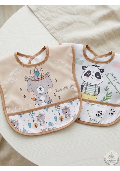 Set Kısa Kollu Bağlamalı Ayarlanabilir Sıvı Geçirmez Aktivite ve Mama Önlüğü Kızılderili & Panda Çok Renkli 2'li