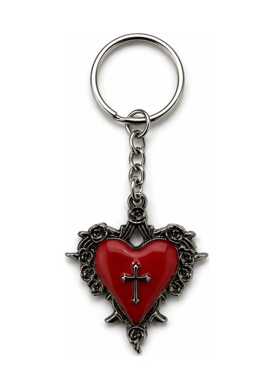 Gotik Kalp Anahtarlık Kırmızı Metal Haç Detaylı Unisex Aksesuar