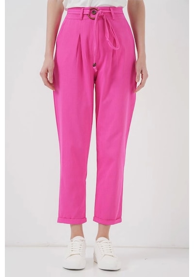 Defymoda 6660 Kemerli Keten Pantolon - Fuşya Fuşya