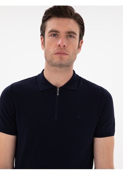 Lacivert Slim Fit Fermuarlı Polo Yaka Triko T-shirt
