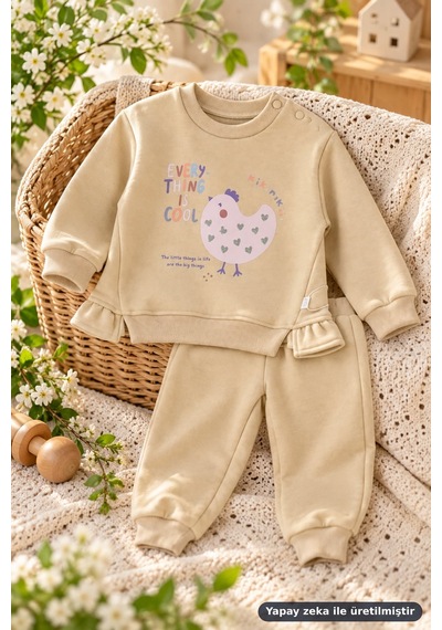 Ferasty İstanbul Unisex Bebek 2'li Takım Tavuk Baskılı Every Thing Is Cool Bej