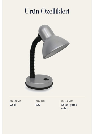 Gri Esnek Spiral Boyunlu Çalışma Masa Lambası 30 cm Çelik E27 Duylu
