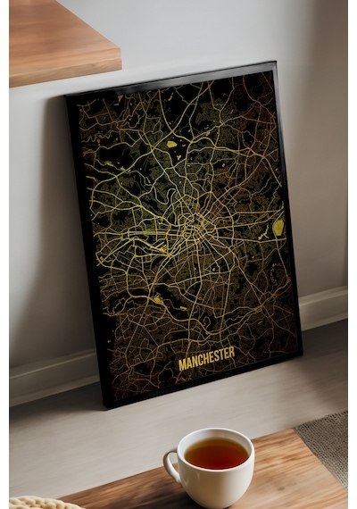 Manchester Şehir Haritası Siyah Ahşap Çerçeveli Poster, Dekoratif Harita Duvar Tablosu