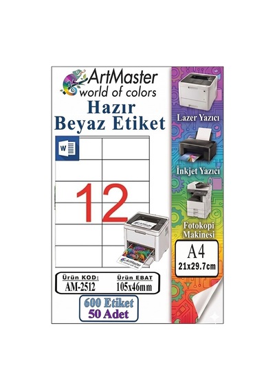 A4 Hazır Beyaz Etiket 105x46 Mm 50 Sayfa 1 Paket 12 Li Kendinden Yapışkanlı Fotokopi Lazer İnkjet Kağıdı Yazıcılar İçin