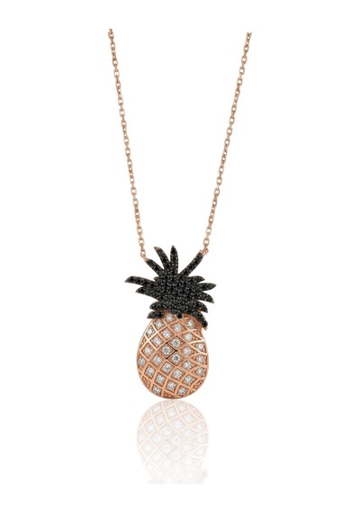 925 Ayar Gümüş Kolye Rose Kaplama Onix Taşlı Ananas Kolye - Işıltılı Tropikal Hediye Barcode Rose Gold