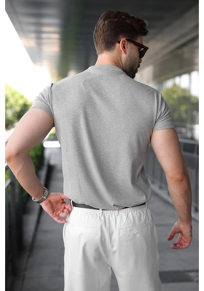 Madmext Grimelanj Slim Fit Hakim Yaka Triko Erkek Tişört E7189 Gri Melanj