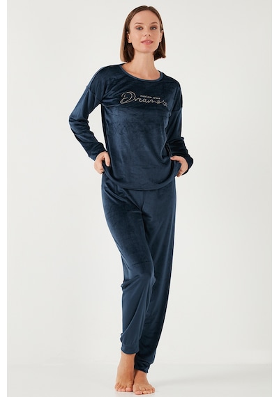 Lela Standart Fit Bisiklet Yaka Yumuşak Kadife Bayan Pijama Takımı 6094202 Lacivert