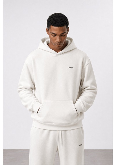 Erkek Respire Basic Oversize Hoodie Ekru