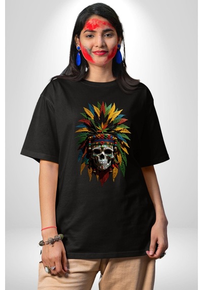 Kurukafa İskelet Kızılderili Tüy Kartal Şefi Pamuklu Bisiklet Yaka Unisex Oversize Boyfriend Dijital Baskılı Siyah T-shirt Siyah