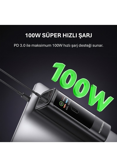 Rocoren 20000mah 100w Powerbank Dijital Ekranlı Hızlı Şarj Dahili Type-c Kablo + Usb-c + Usb-a Macbook, Tablet Ve Telefonlarla Uyumlu Taşınabilir Şarj Cihazı Siyah