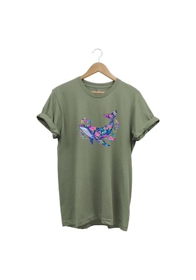 Renkli Balık Balina Desenli Baskılı %100 Pamuk Regular Fit Unisex T-shirt Haki