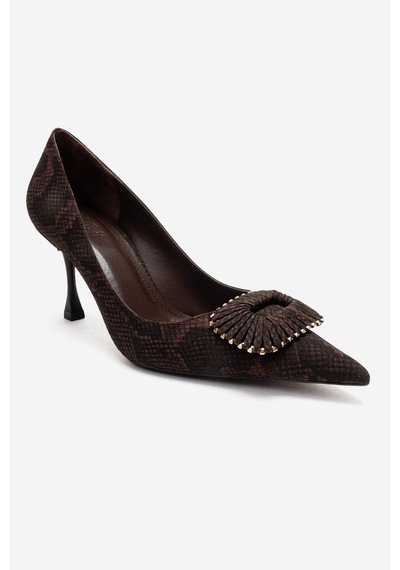 Luvishoes Rebel Kahverengi Desenli Tokalı Kadın Topuklu Ayakkabı Kahverengi