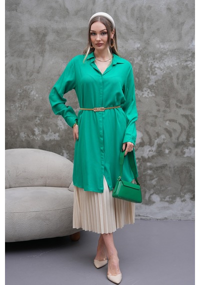 Polologin Butik Yeşili Dökümlü Uzun Gömlek Tunik Yeşil